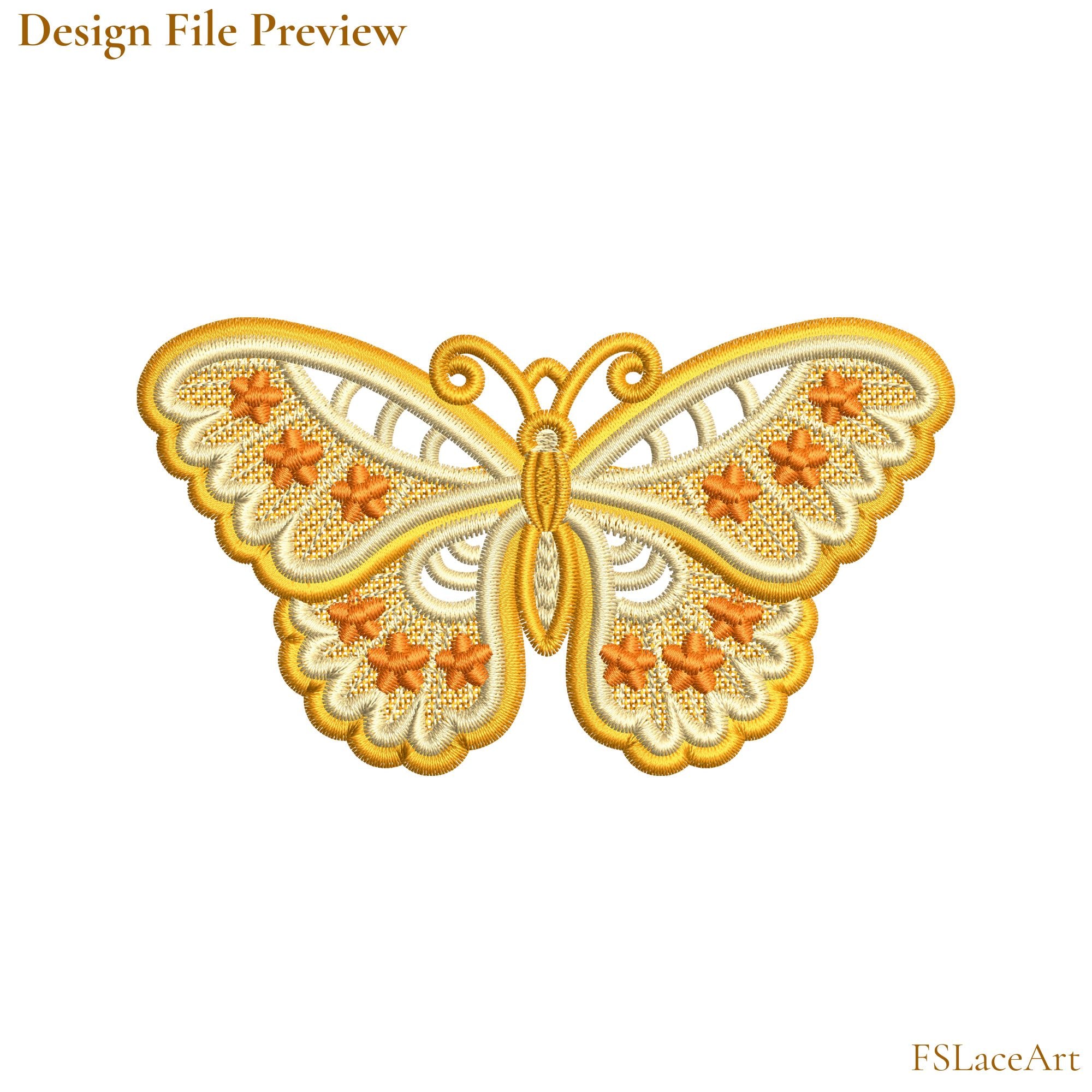 Machine embroidery file preview of a golden FSL butterfly with floral details and scalloped wings