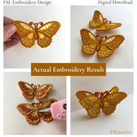 Collage of actual golden floral butterfly FSL embroidery results and layered 3D assembly
