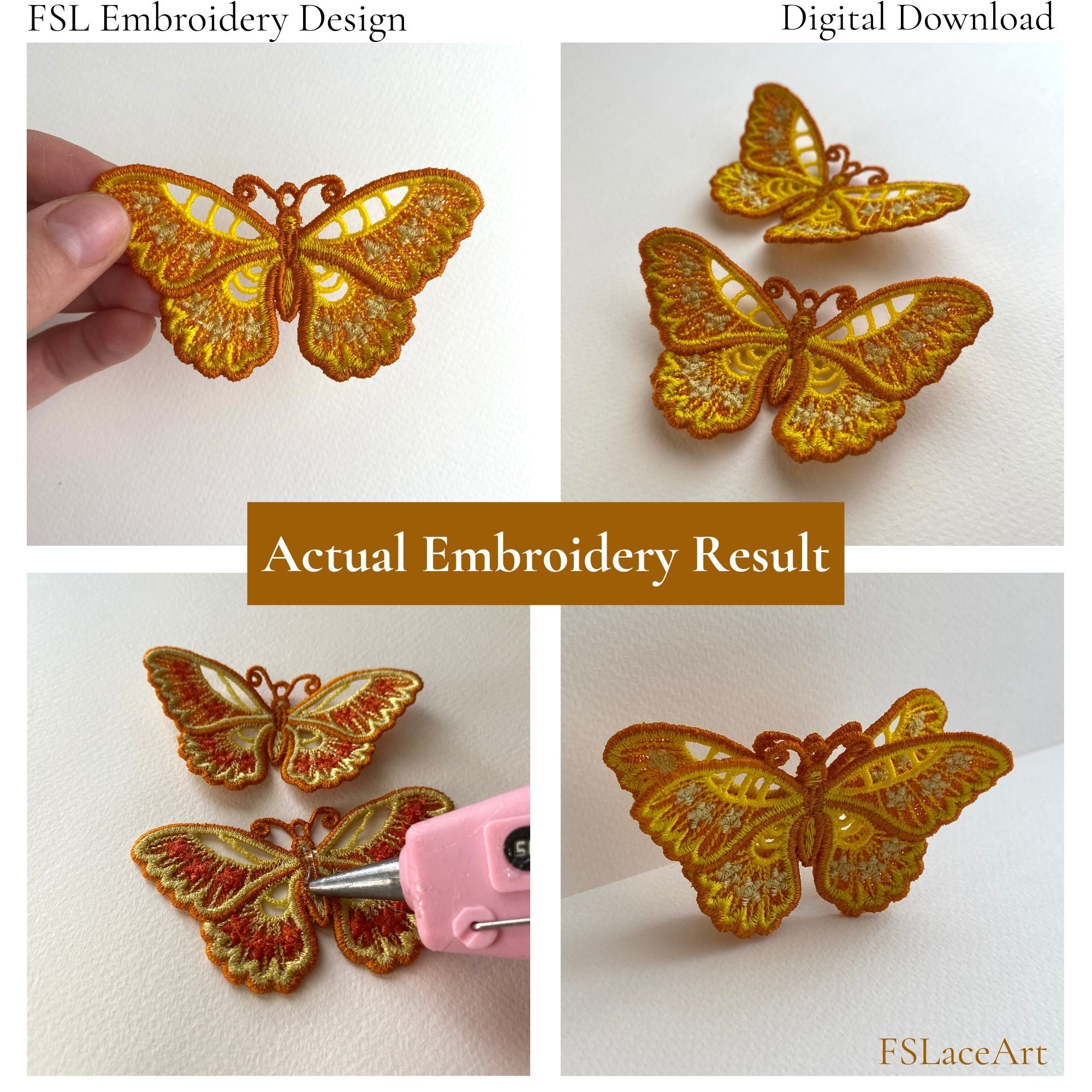 Collage of actual golden floral butterfly FSL embroidery results and layered 3D assembly