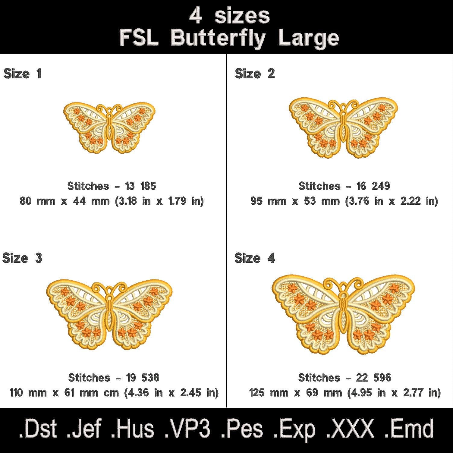 Golden floral butterfly FSL size chart with four dimensions, stitch counts and embroidery file formats