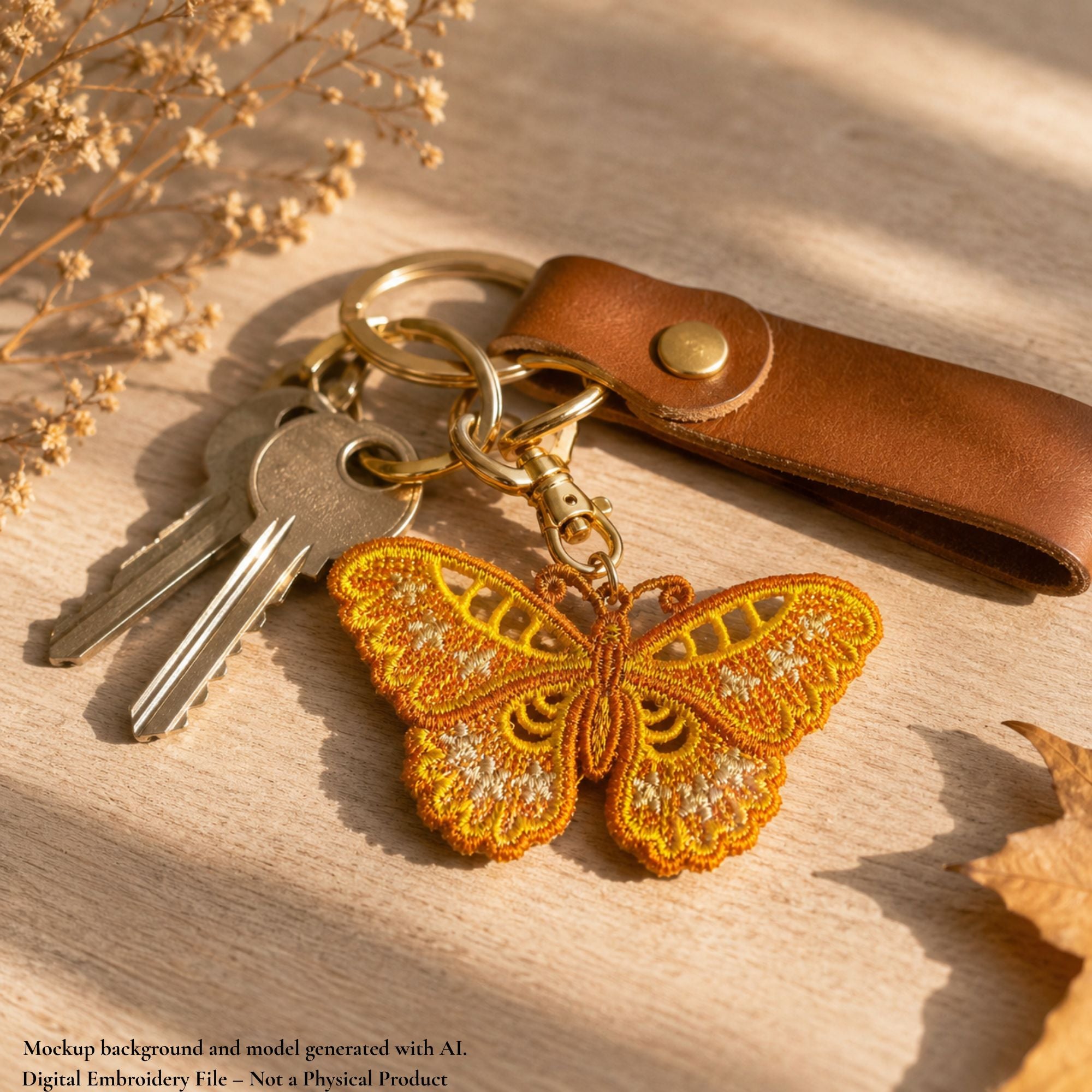 Golden floral butterfly FSL keychain attached to keys beside a brown leather holder