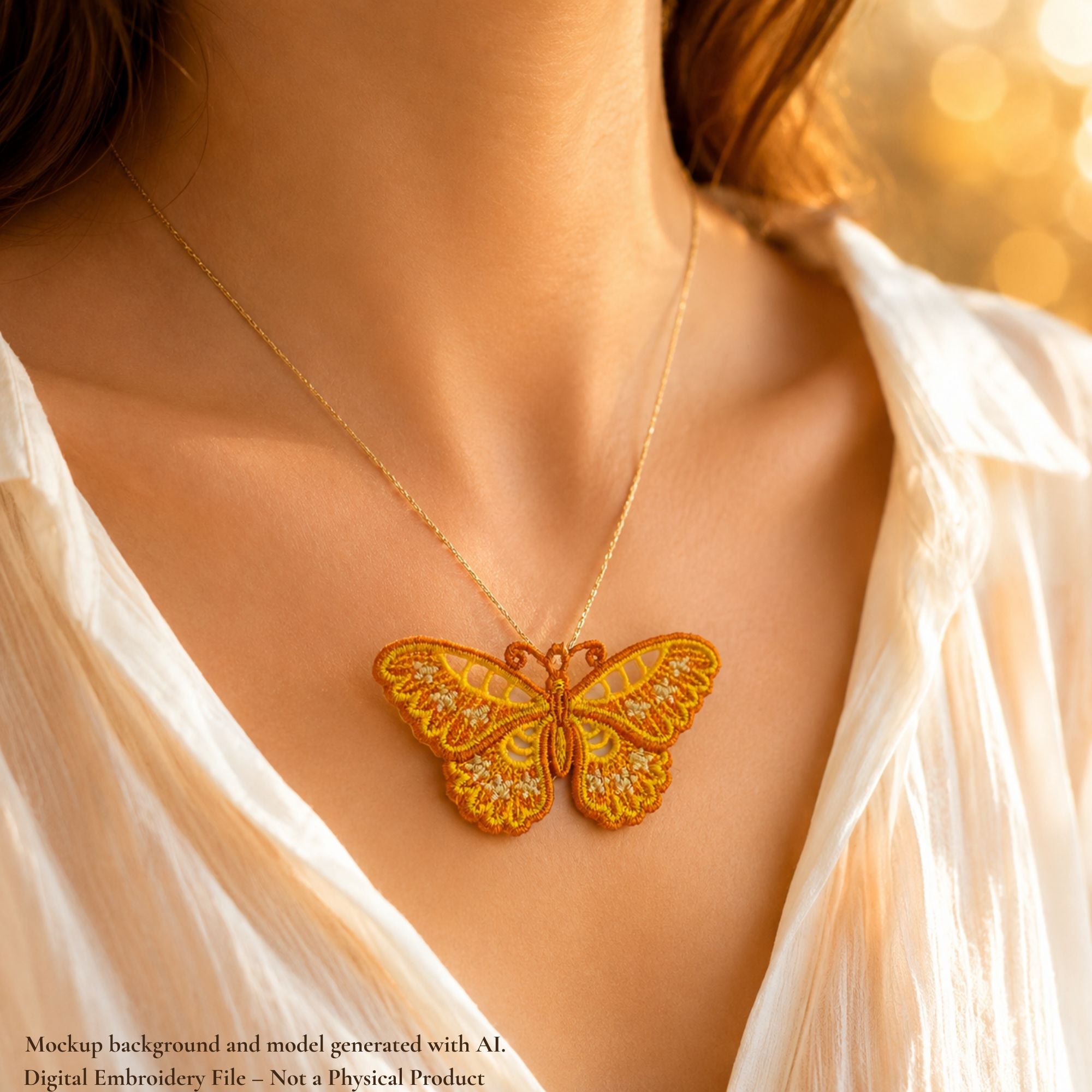 Golden floral butterfly FSL pendant worn on a fine chain with a white blouse