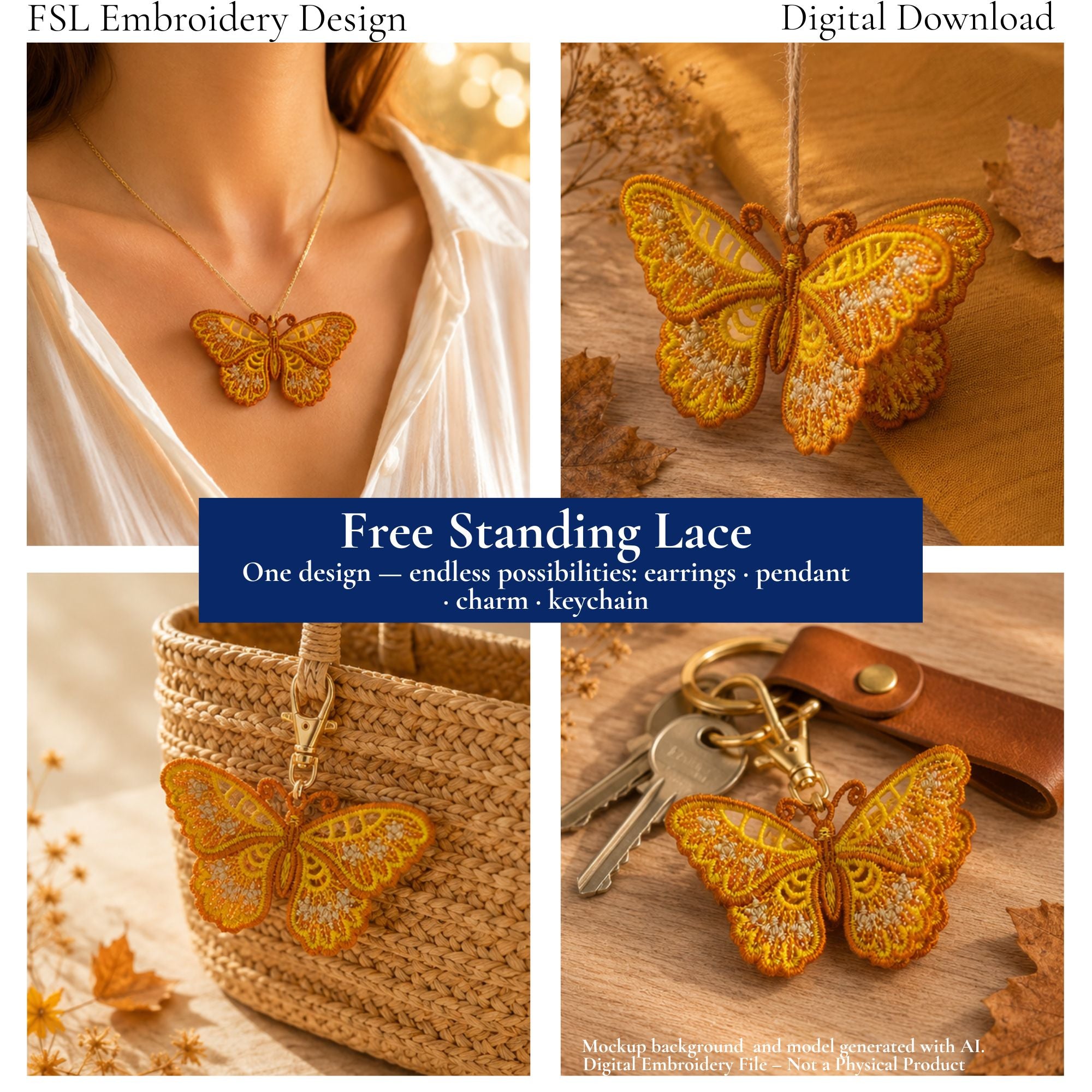Golden floral butterfly FSL design shown as a necklace pendant, 3D ornament, bag charm and keychain