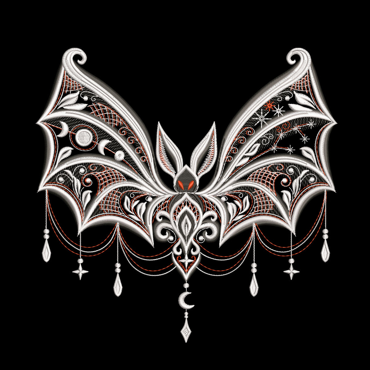 Gothic bat embroidery preview on black with pale ornate wings, red accents, moon phases, stars and hanging pendant motifs.