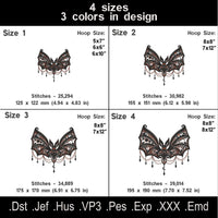 Gothic bat embroidery chart showing four sizes, three thread colors, stitch counts, hoop sizes and available file formats.
