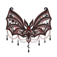 Gothic bat embroidery preview on white with black and burgundy wings, red eyes, celestial details and decorative chains.