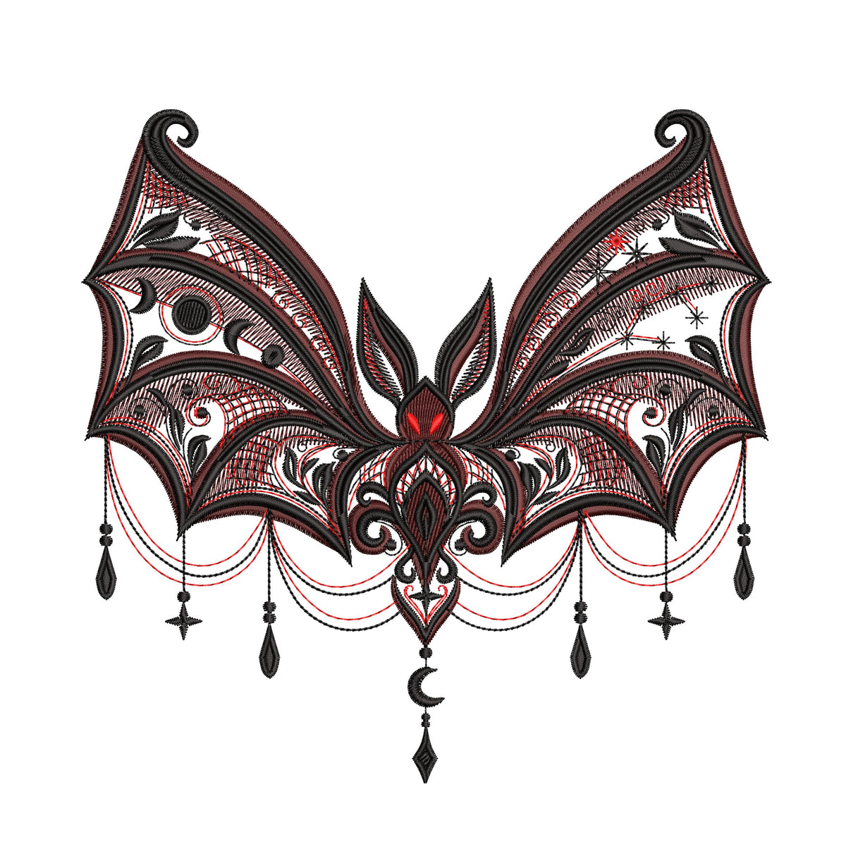Gothic bat embroidery preview on white with black and burgundy wings, red eyes, celestial details and decorative chains.