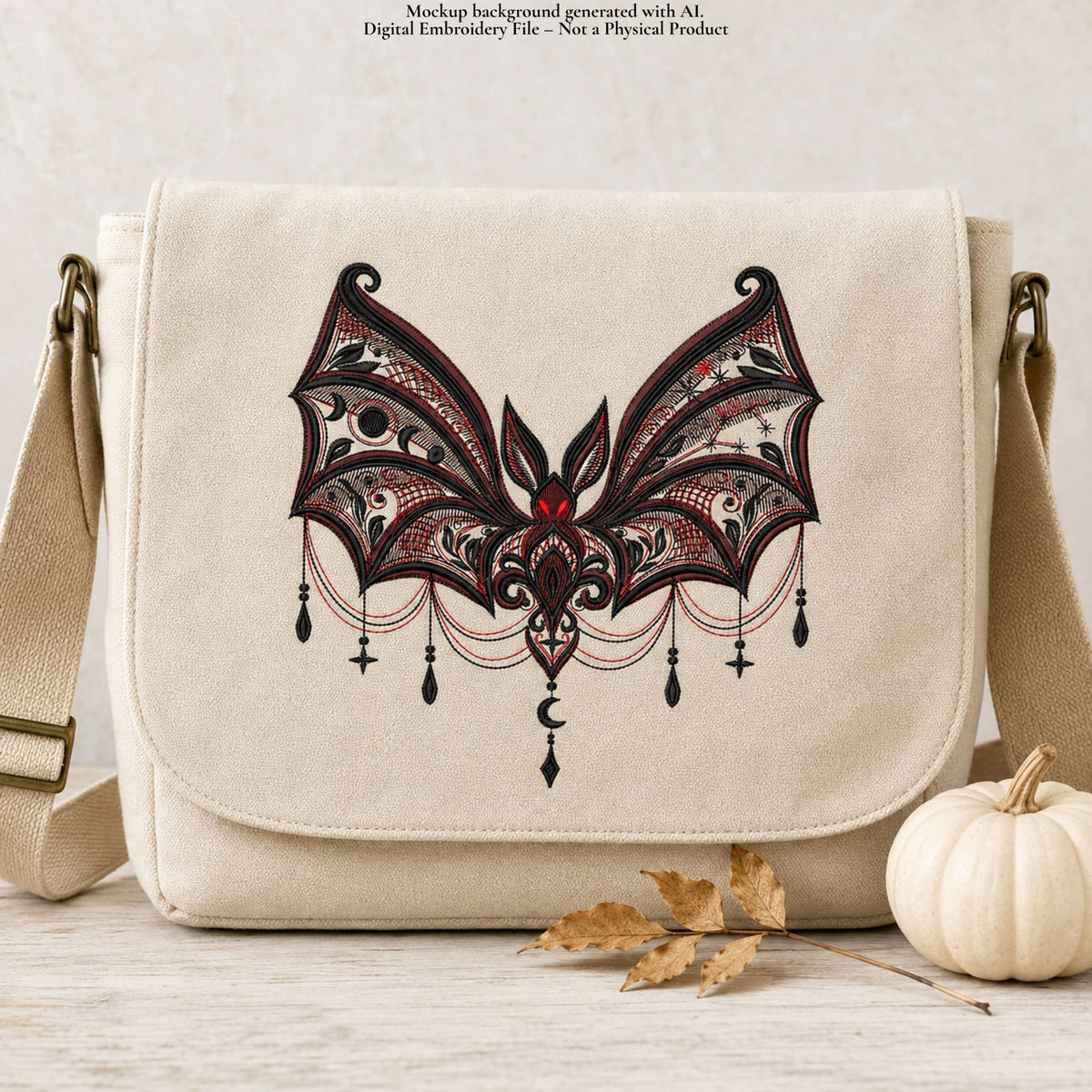 Cream shoulder bag mockup with ornate gothic bat embroidery in black, burgundy and red across the front flap.