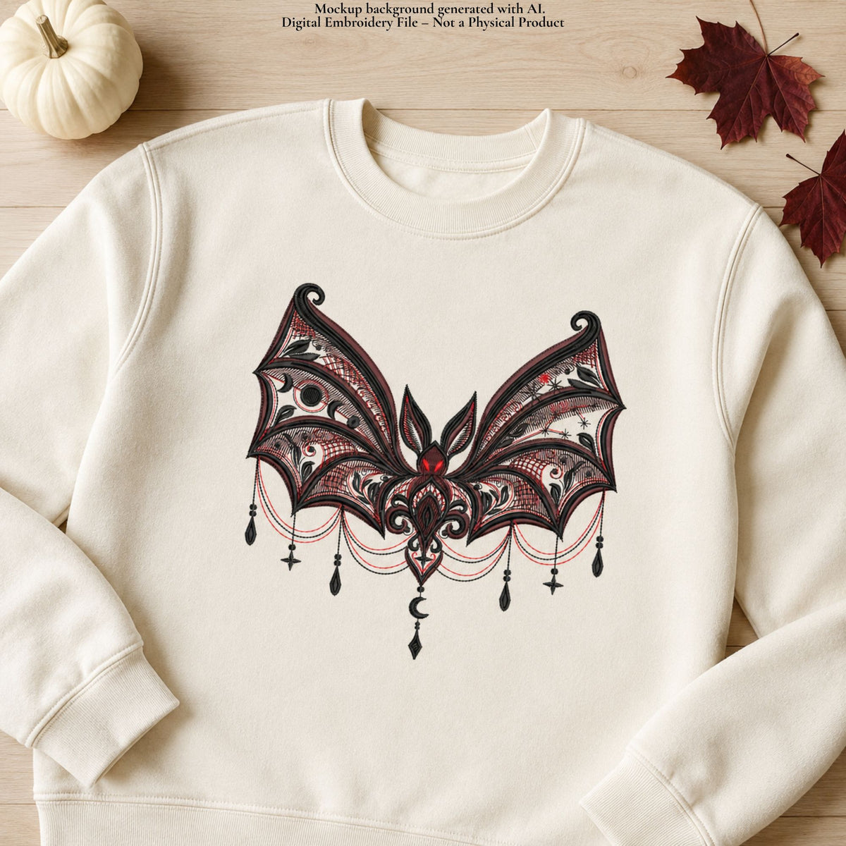 Cream sweatshirt mockup featuring gothic bat embroidery with celestial wings and hanging ornaments, styled with autumn leaves.