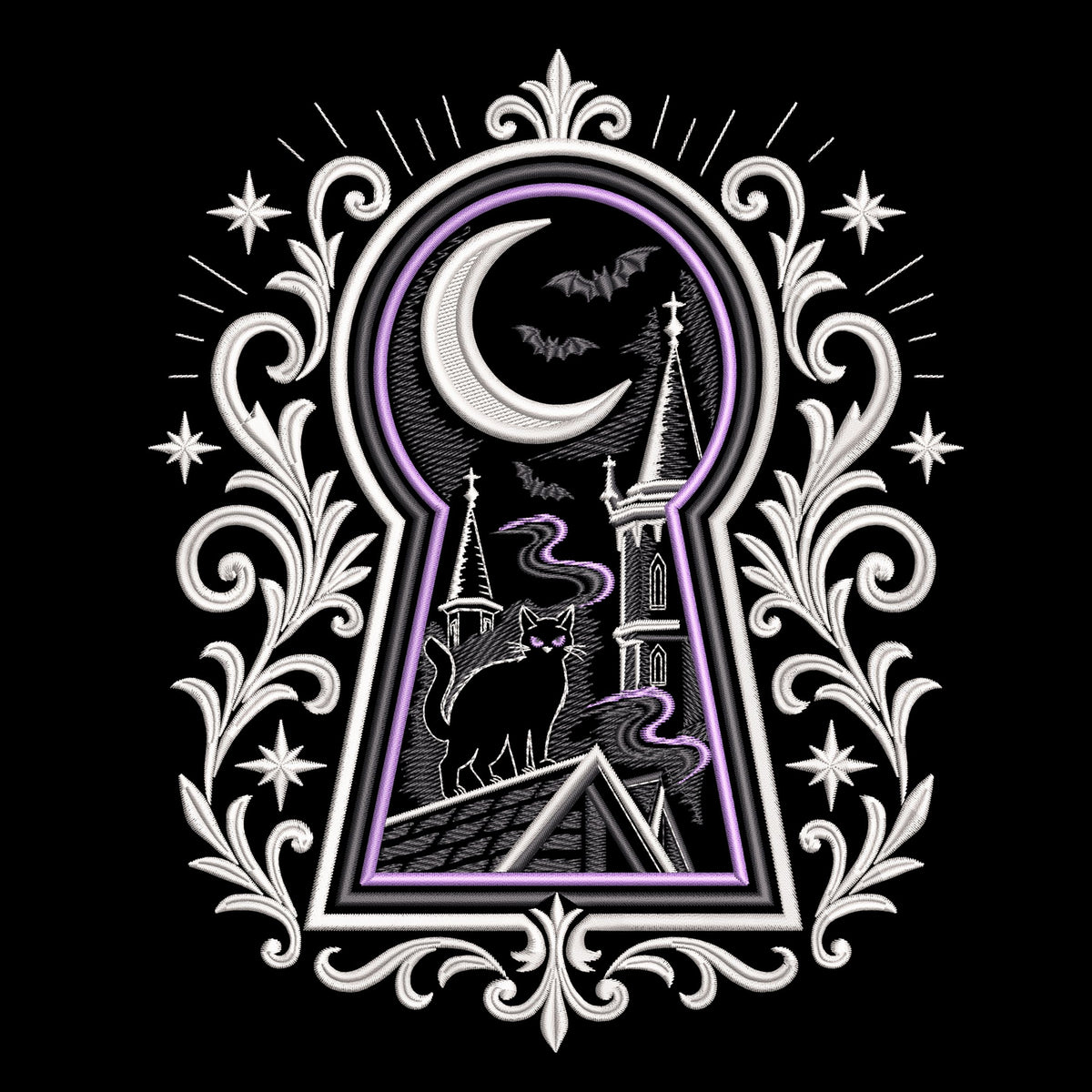 Gothic keyhole embroidery preview on dark fabric with a cat, crescent moon, bats and towers framed by pale scrollwork.