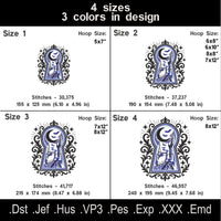 Gothic keyhole embroidery size chart showing four sizes, three thread colors, stitch counts, hoop sizes and file formats.
