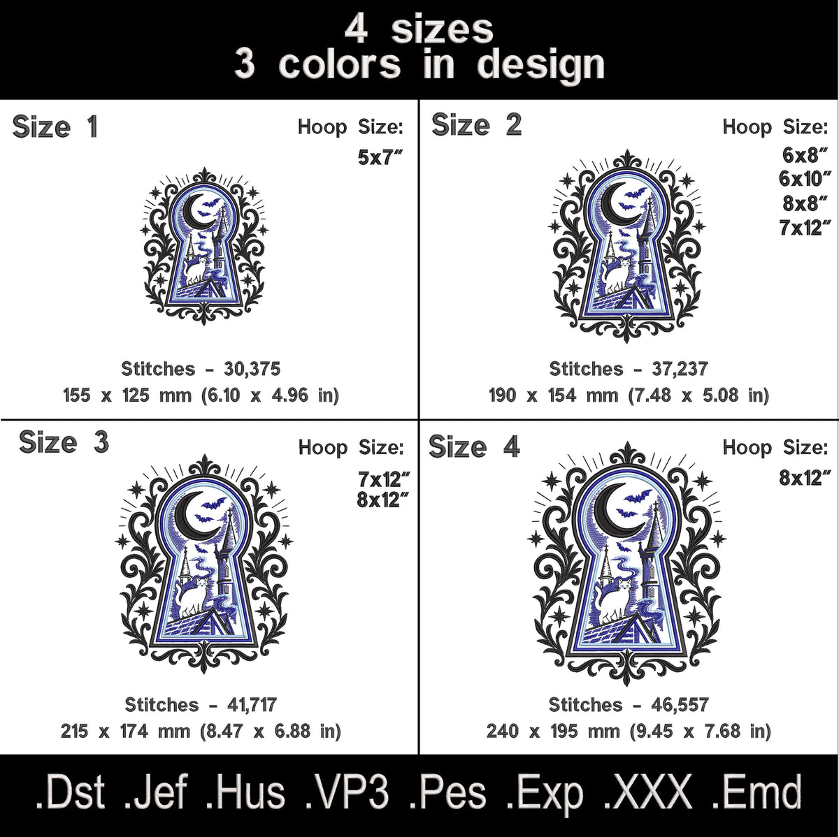 Gothic keyhole embroidery size chart showing four sizes, three thread colors, stitch counts, hoop sizes and file formats.