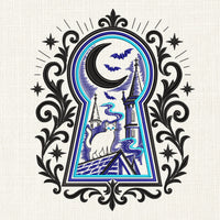 Gothic keyhole embroidery preview in black, blue and turquoise on cream, featuring a rooftop cat, moon and bats.
