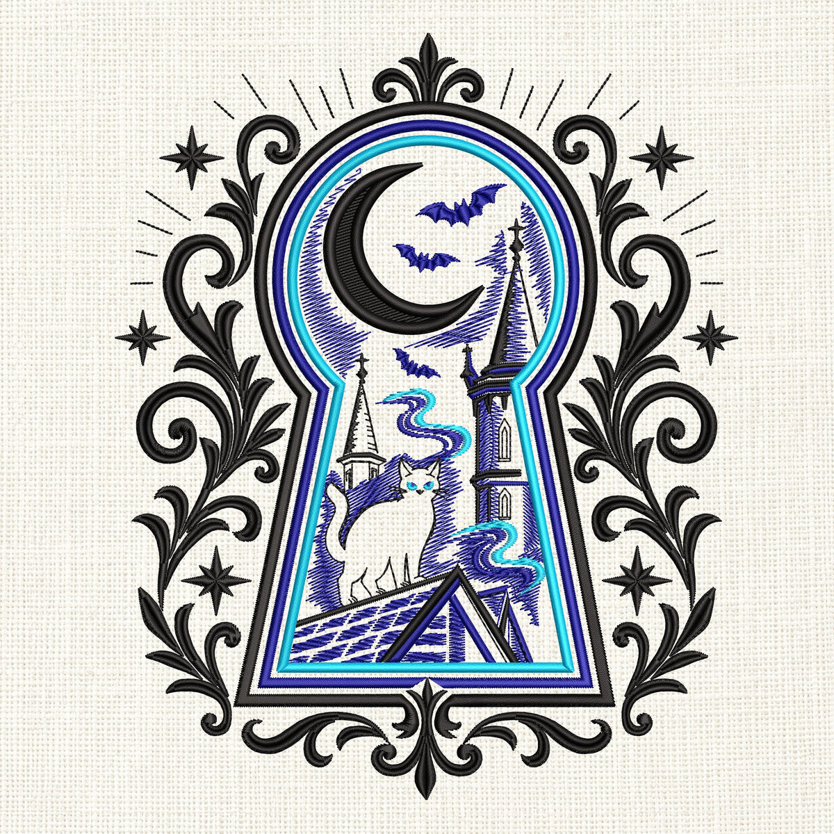 Gothic keyhole embroidery preview in black, blue and turquoise on cream, featuring a rooftop cat, moon and bats.