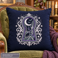 Navy cushion mockup featuring ornate keyhole embroidery with a cat, moon and towers on a green vintage armchair.