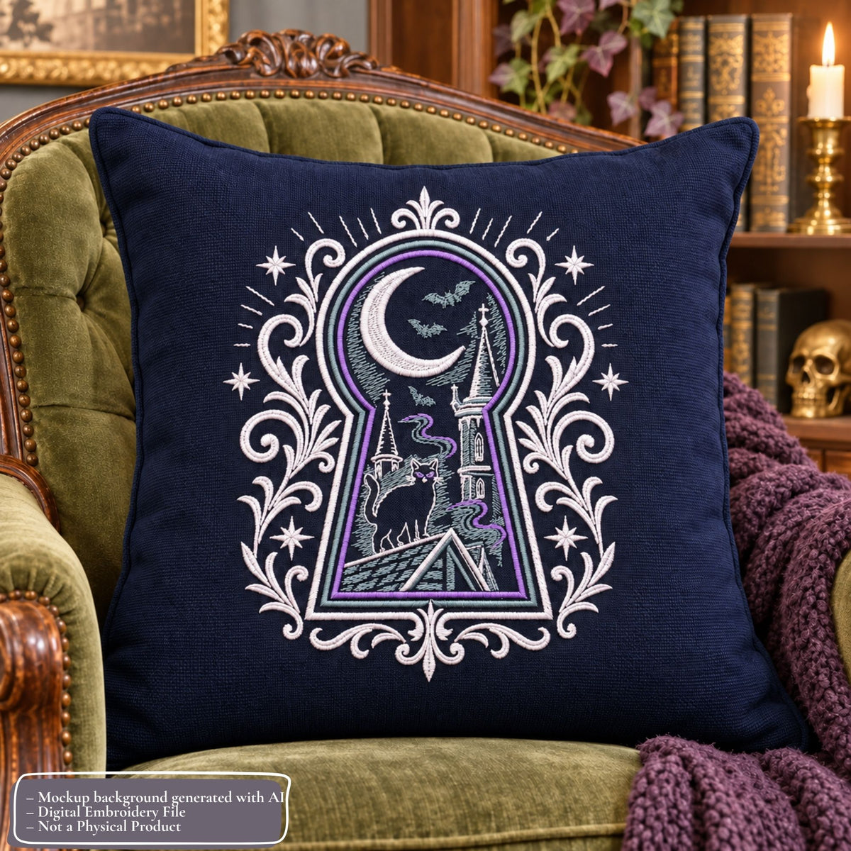 Navy cushion mockup featuring ornate keyhole embroidery with a cat, moon and towers on a green vintage armchair.