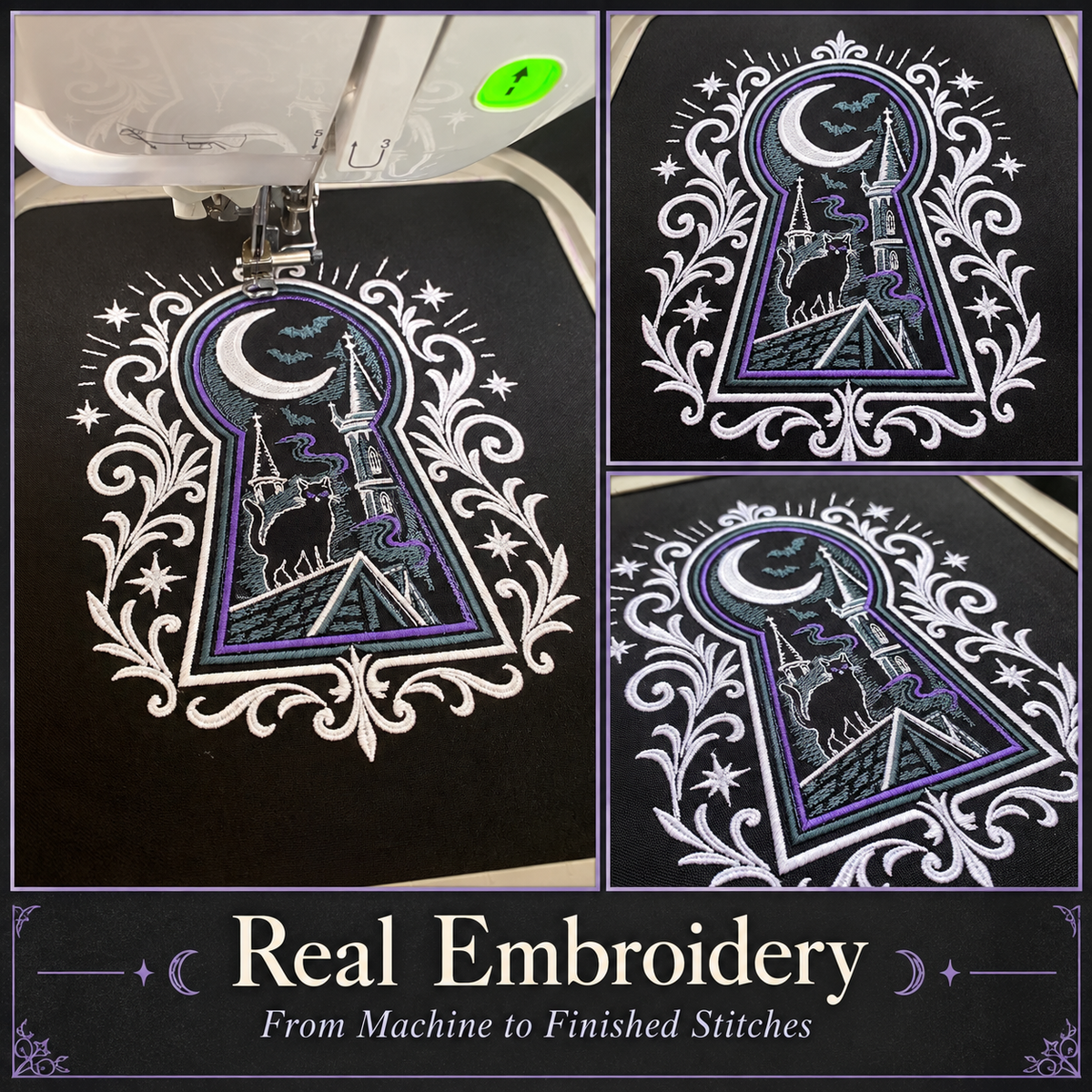 Three-photo collage showing gothic keyhole embroidery under the machine needle and close-up views of the finished stitches.