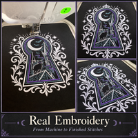Three-photo collage showing gothic keyhole embroidery under the machine needle and close-up views of the finished stitches.