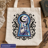 Cream tote bag mockup with gothic keyhole embroidery in black, blue and turquoise, styled beside an antique key and book.