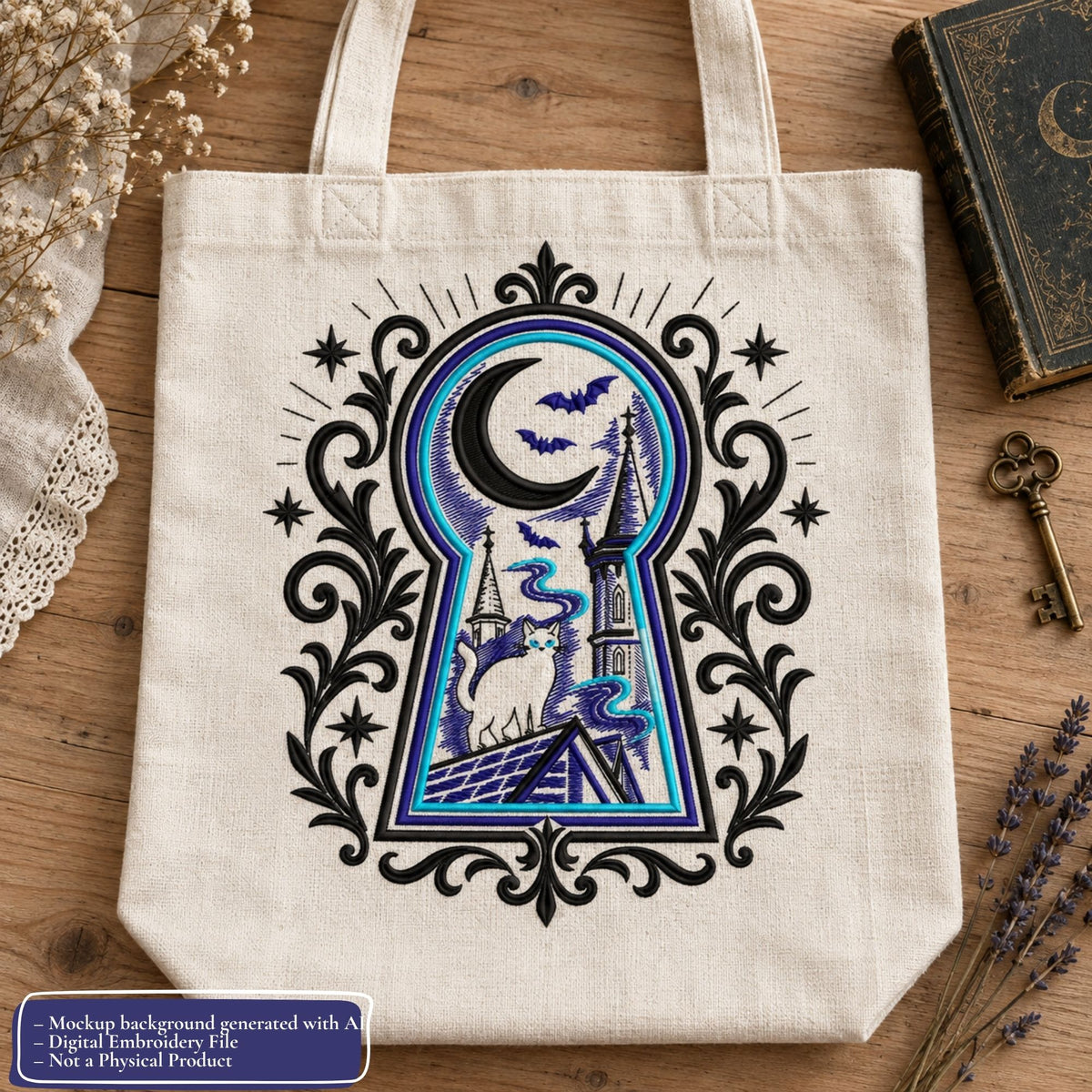 Cream tote bag mockup with gothic keyhole embroidery in black, blue and turquoise, styled beside an antique key and book.