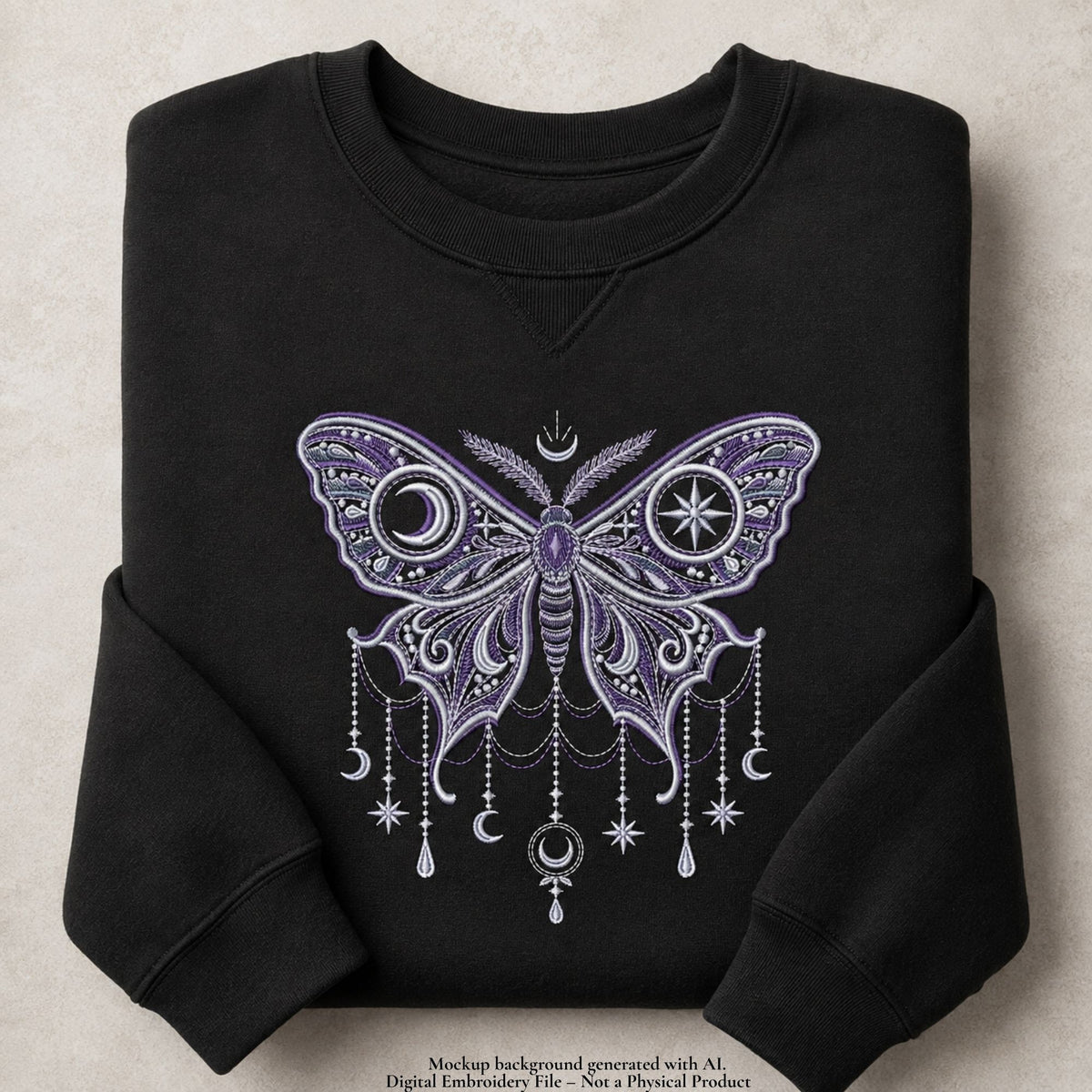 Folded black sweatshirt mockup featuring purple and pale moon moth embroidery with celestial wings and hanging ornaments.