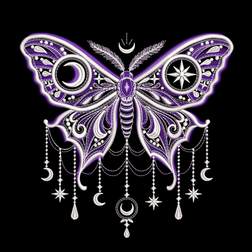 Gothic moon moth embroidery preview in purple and white on black, with ornate wings, crescent moons and hanging star motifs.