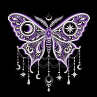 Gothic moon moth embroidery preview in purple and white on black, with ornate wings, crescent moons and hanging star motifs.