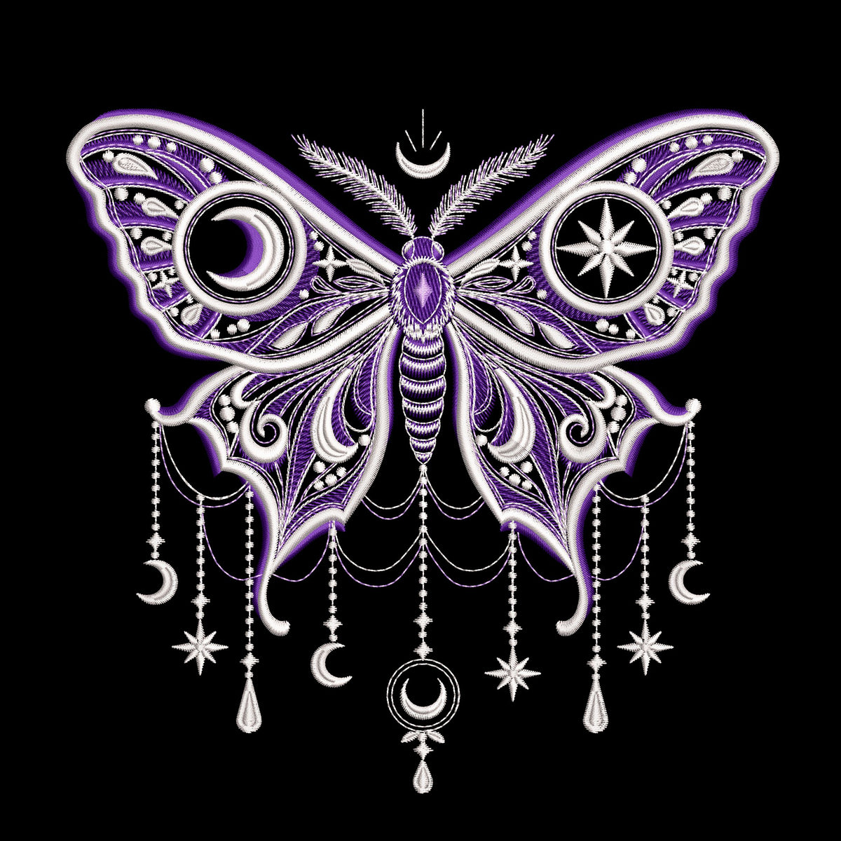Gothic moon moth embroidery preview in purple and white on black, with ornate wings, crescent moons and hanging star motifs.