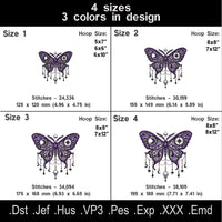 Moon moth embroidery size chart showing four sizes, three thread colors, stitch counts, hoop requirements and file formats.