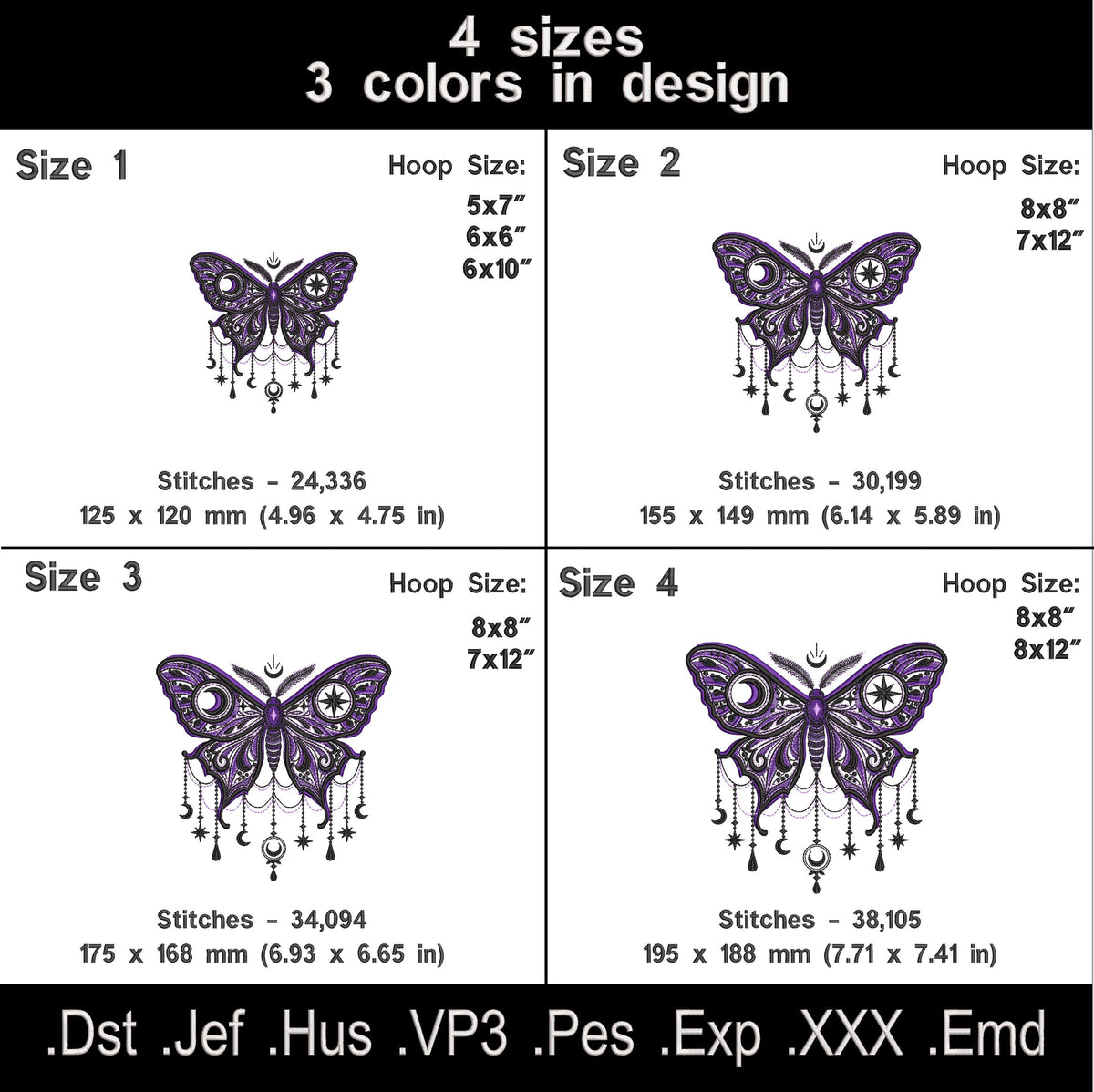 Moon moth embroidery size chart showing four sizes, three thread colors, stitch counts, hoop requirements and file formats.