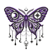 Moon moth embroidery preview with black and purple wings, a crescent moon, an eight-pointed star and decorative chains on white.