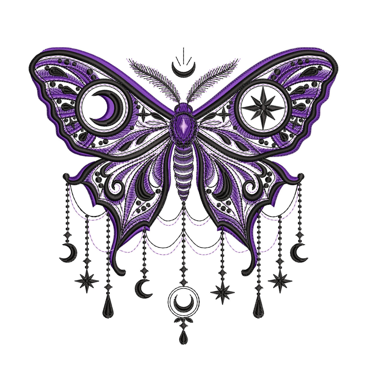 Moon moth embroidery preview with black and purple wings, a crescent moon, an eight-pointed star and decorative chains on white.