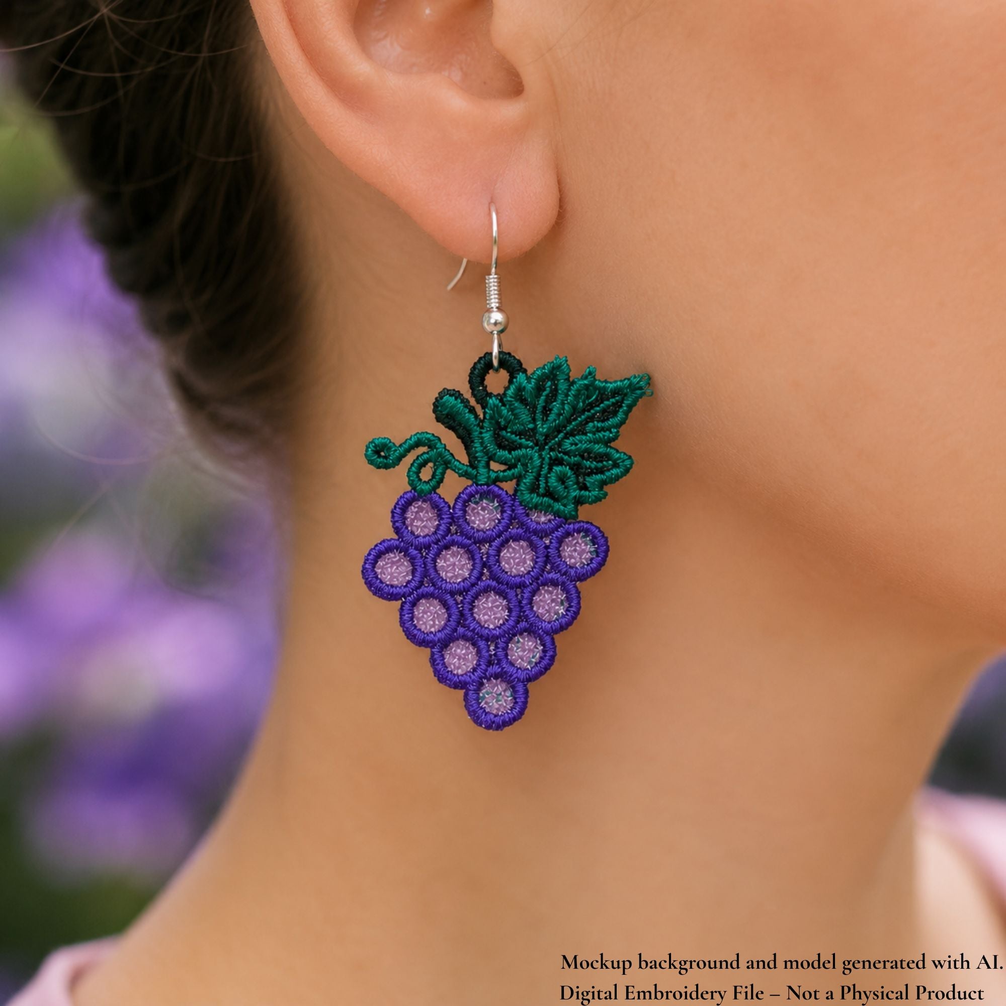 Purple grape cluster FSL earring with a detailed green vine leaf shown on a silver earring hook