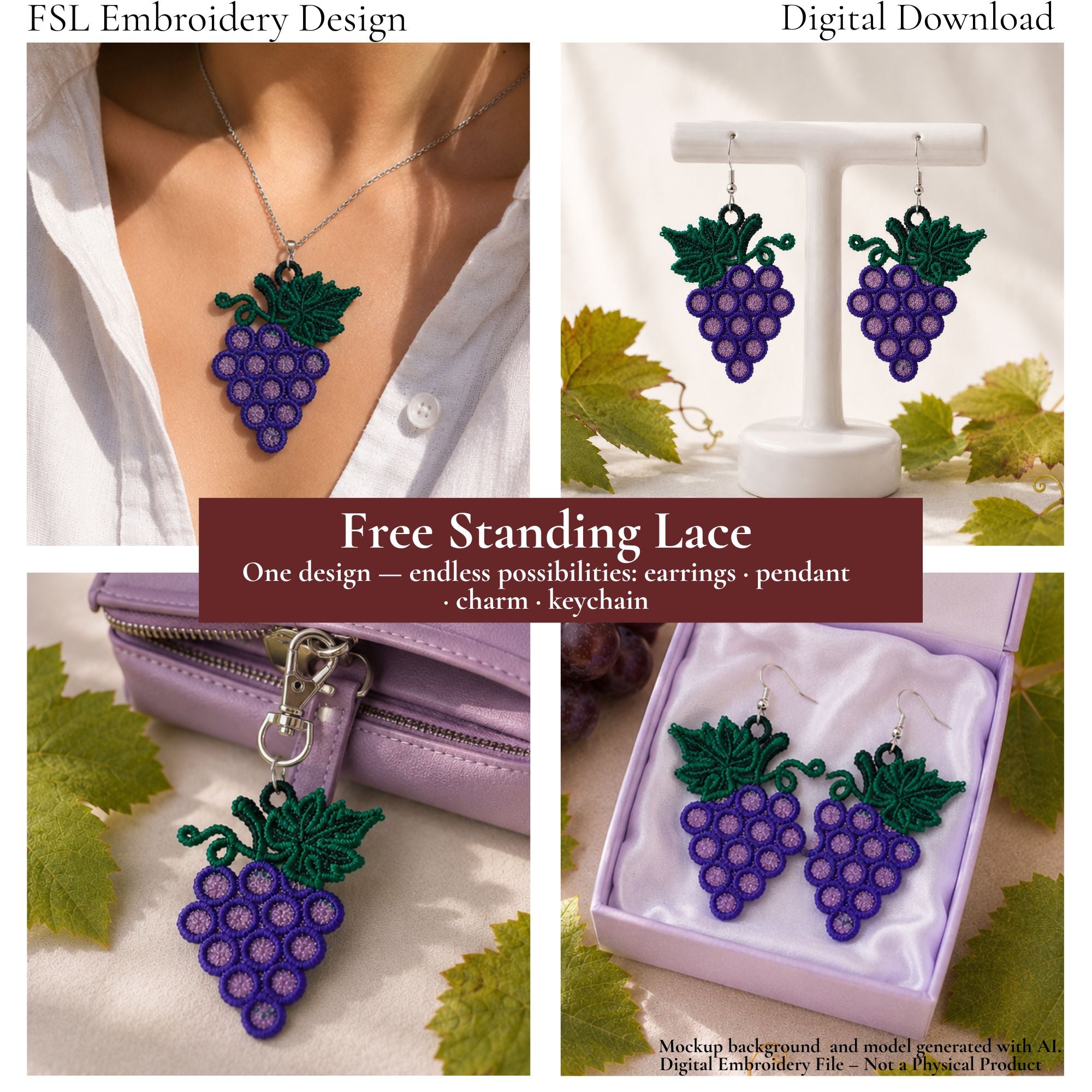 Grape Cluster FSL design shown as a pendant, earrings, keychain charm and jewelry set