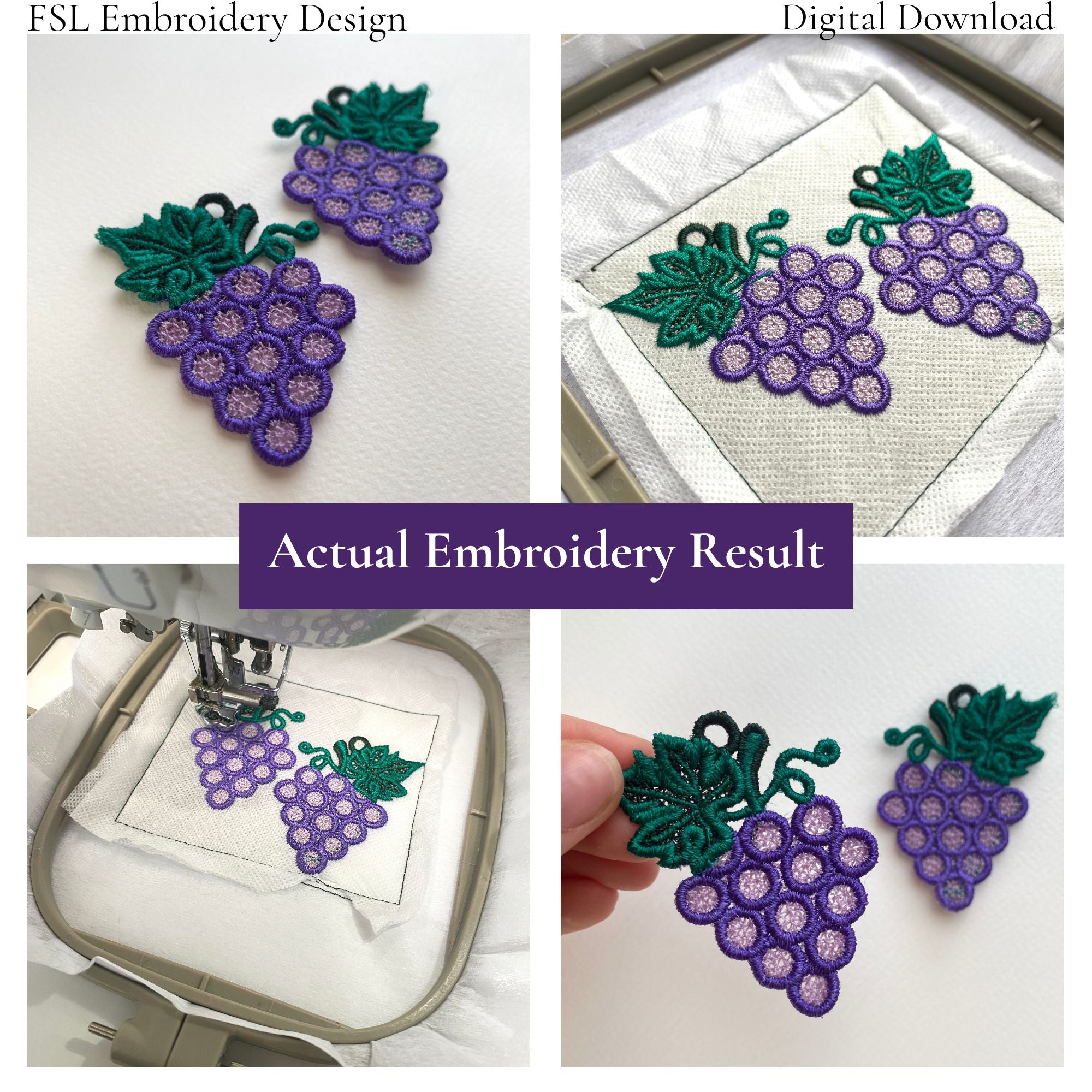 Collage showing the Grape Cluster FSL stitching process and finished purple lace embroidery results