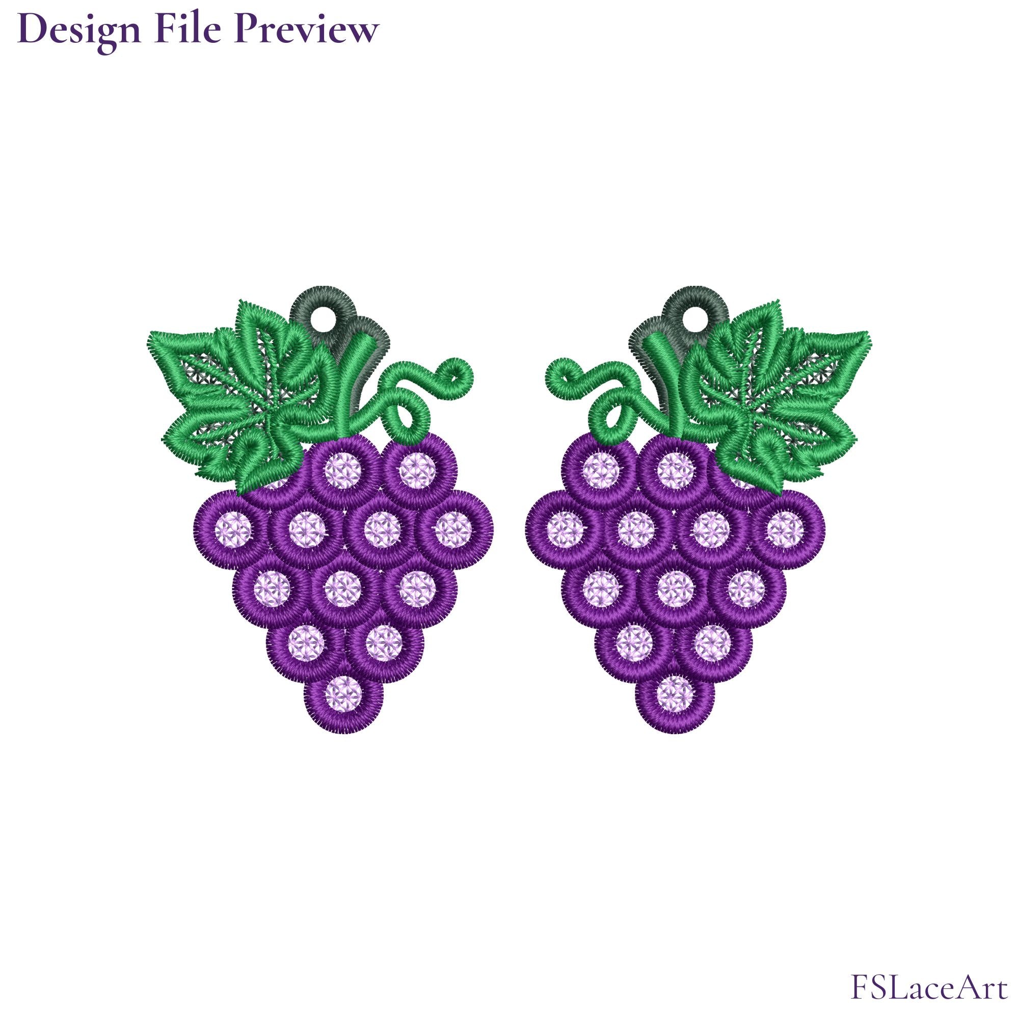 Machine embroidery file preview showing mirrored purple Grape Cluster FSL designs with green leaves