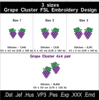 Grape Cluster FSL embroidery size chart with dimensions and stitch counts for three sizes and a 4 by 4 hoop pair