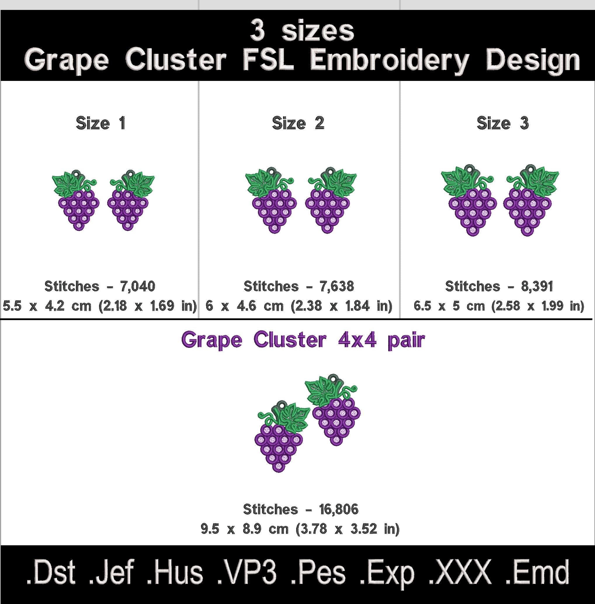 Grape Cluster FSL embroidery size chart with dimensions and stitch counts for three sizes and a 4 by 4 hoop pair