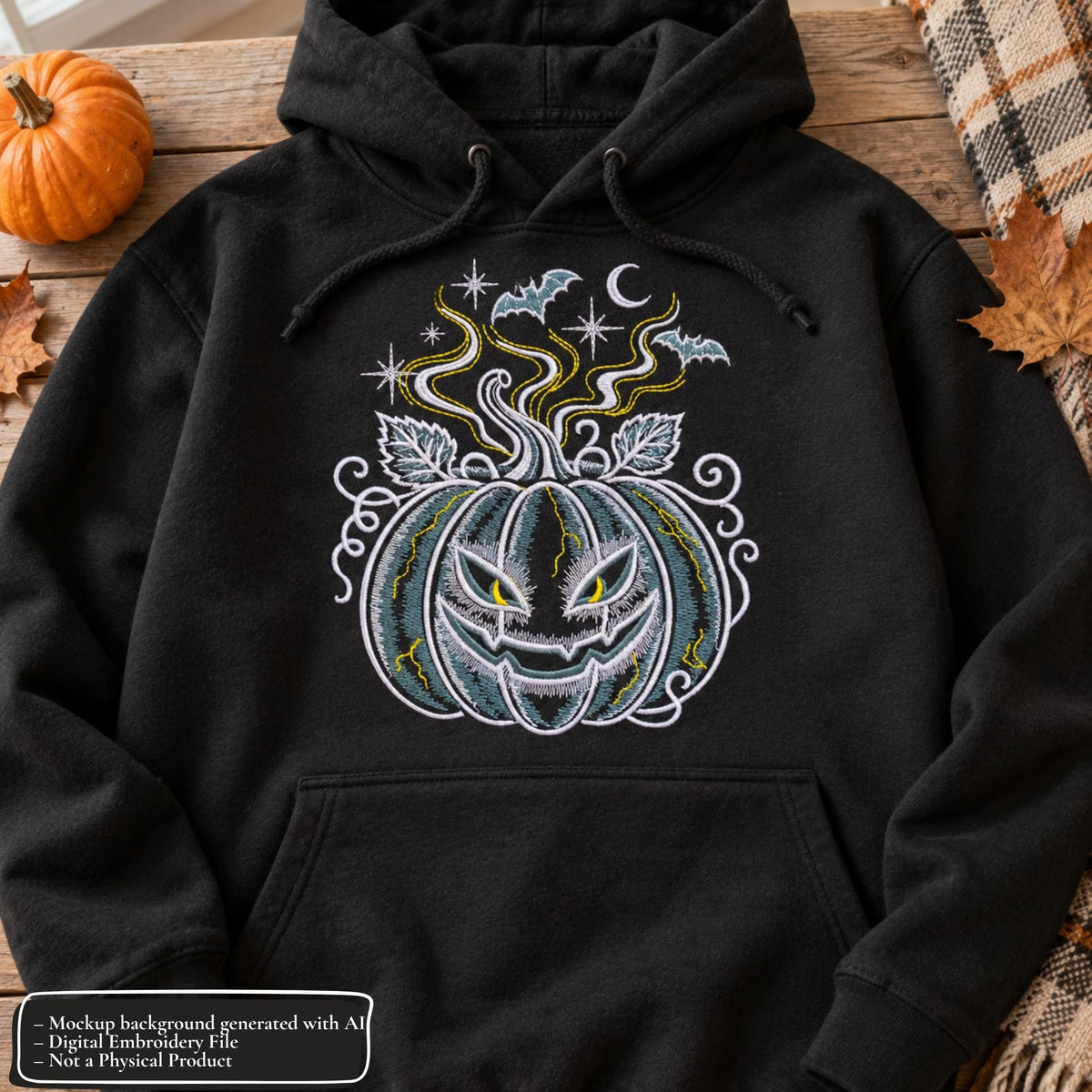 Black hoodie mockup with mystical pumpkin embroidery centered above the pocket, styled with autumn leaves and a small pumpkin.