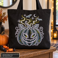 Black tote bag mockup featuring pumpkin embroidery with bats and a crescent moon, displayed beside a pumpkin and Halloween candy.