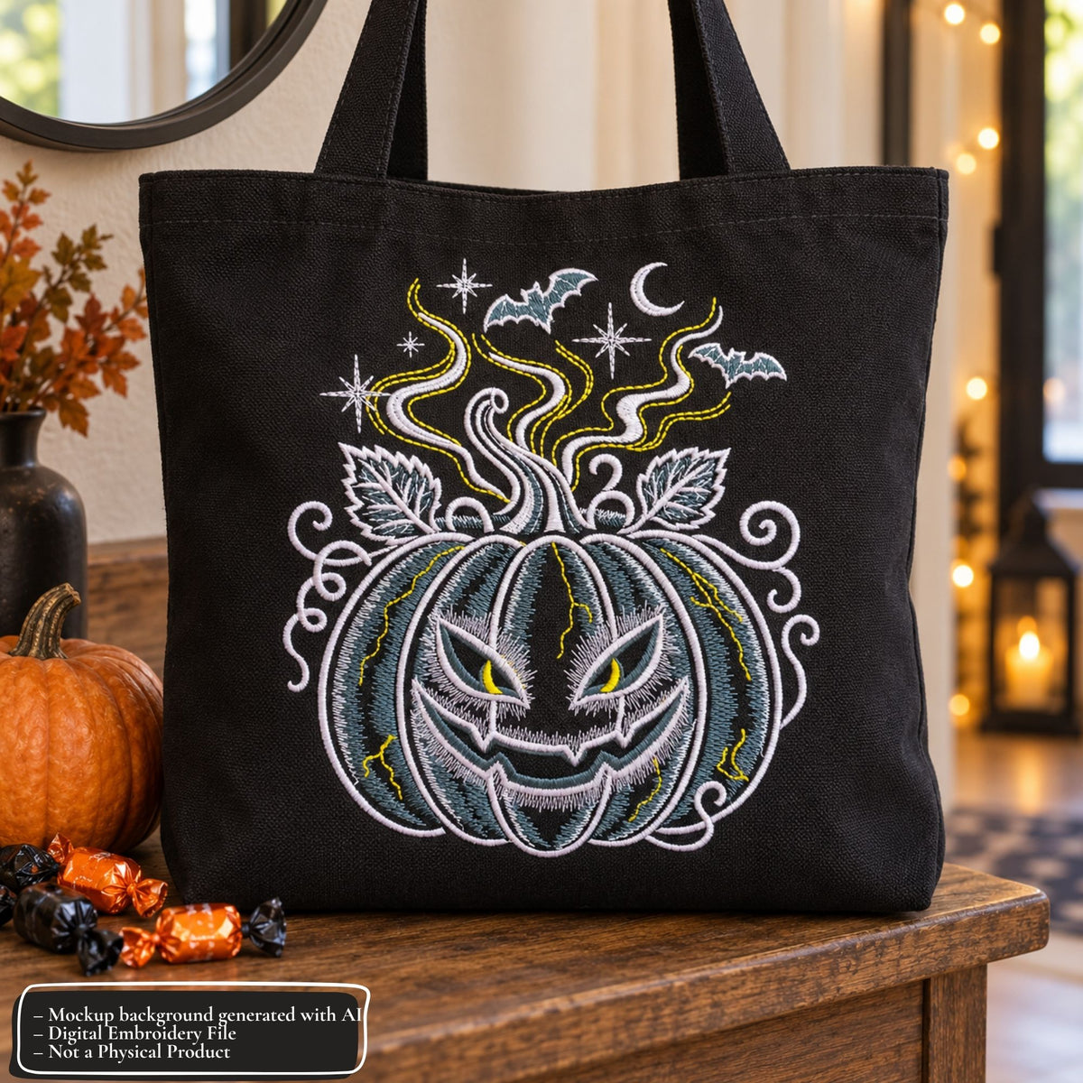 Black tote bag mockup featuring pumpkin embroidery with bats and a crescent moon, displayed beside a pumpkin and Halloween candy.
