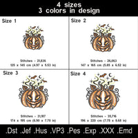 Halloween pumpkin embroidery chart showing four design sizes, three thread colors, stitch counts and available file formats.