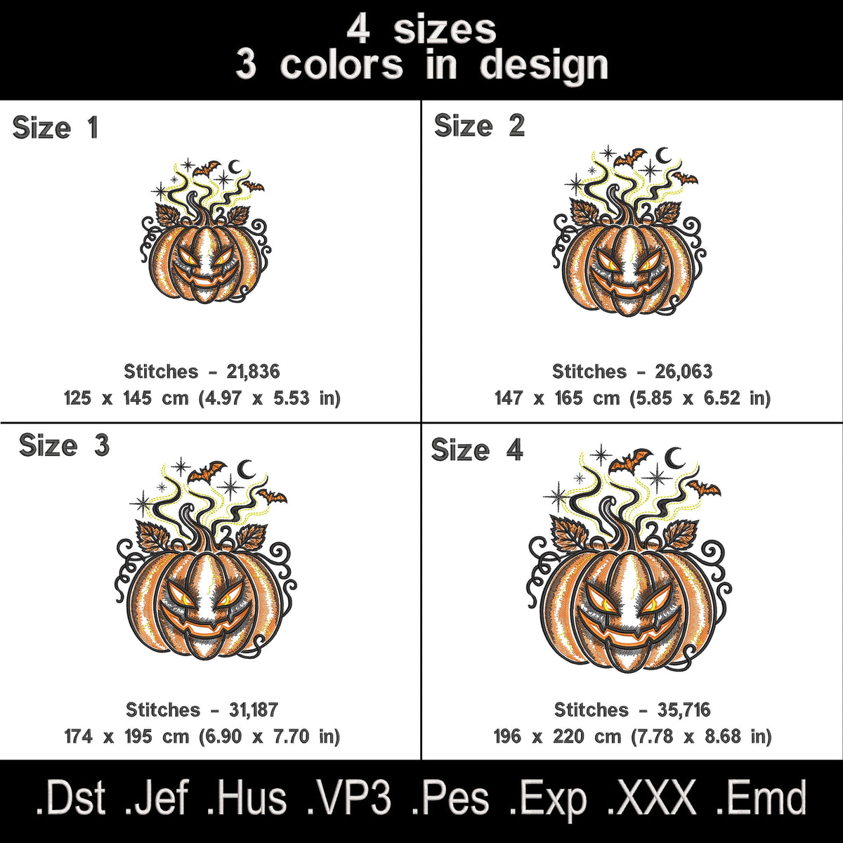 Halloween pumpkin embroidery chart showing four design sizes, three thread colors, stitch counts and available file formats.