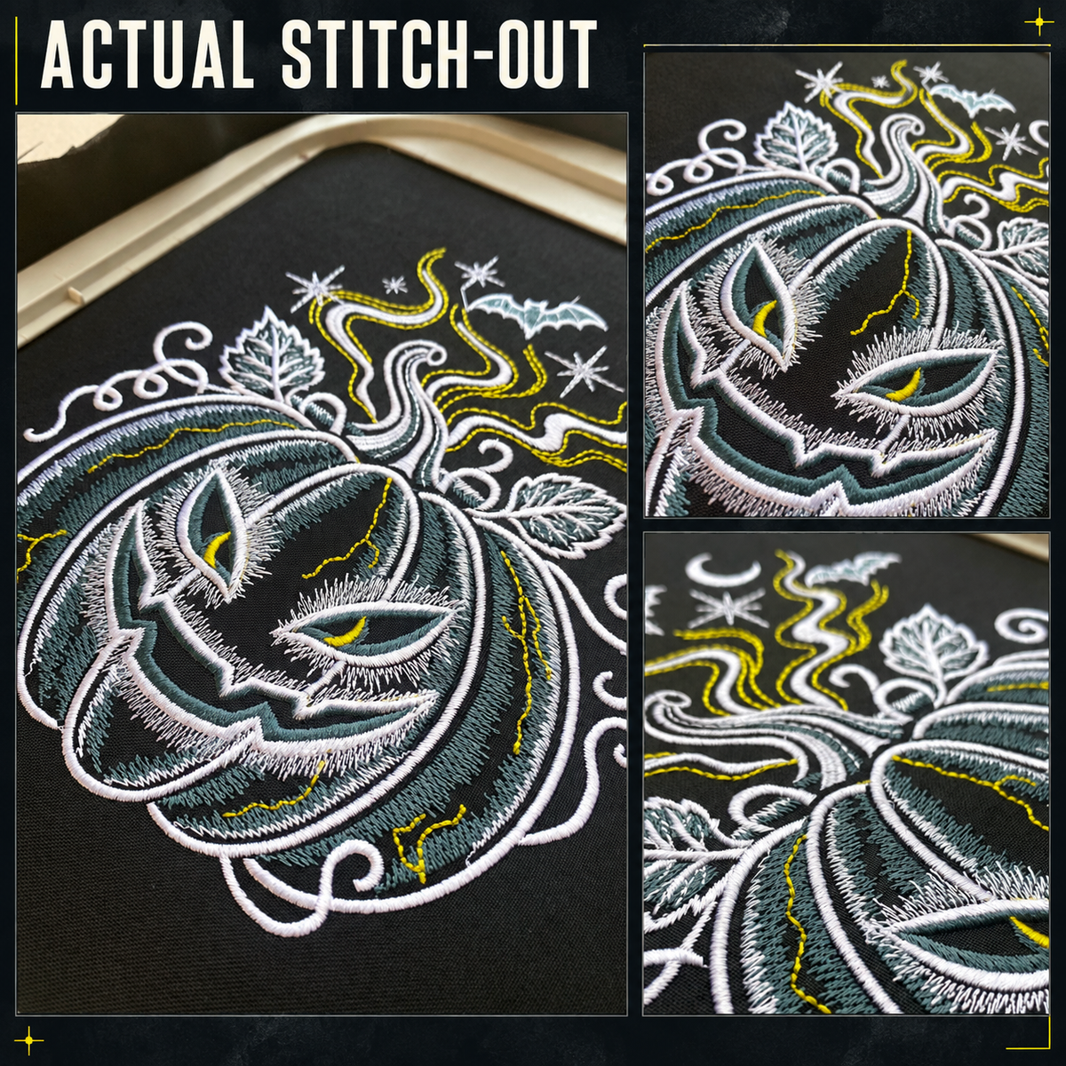 Three actual stitch-out photos showing the Halloween pumpkin’s face, curled stem, leaves and swirling wisps on dark fabric.