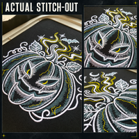 Three actual stitch-out photos showing the Halloween pumpkin’s face, curled stem, leaves and swirling wisps on dark fabric.