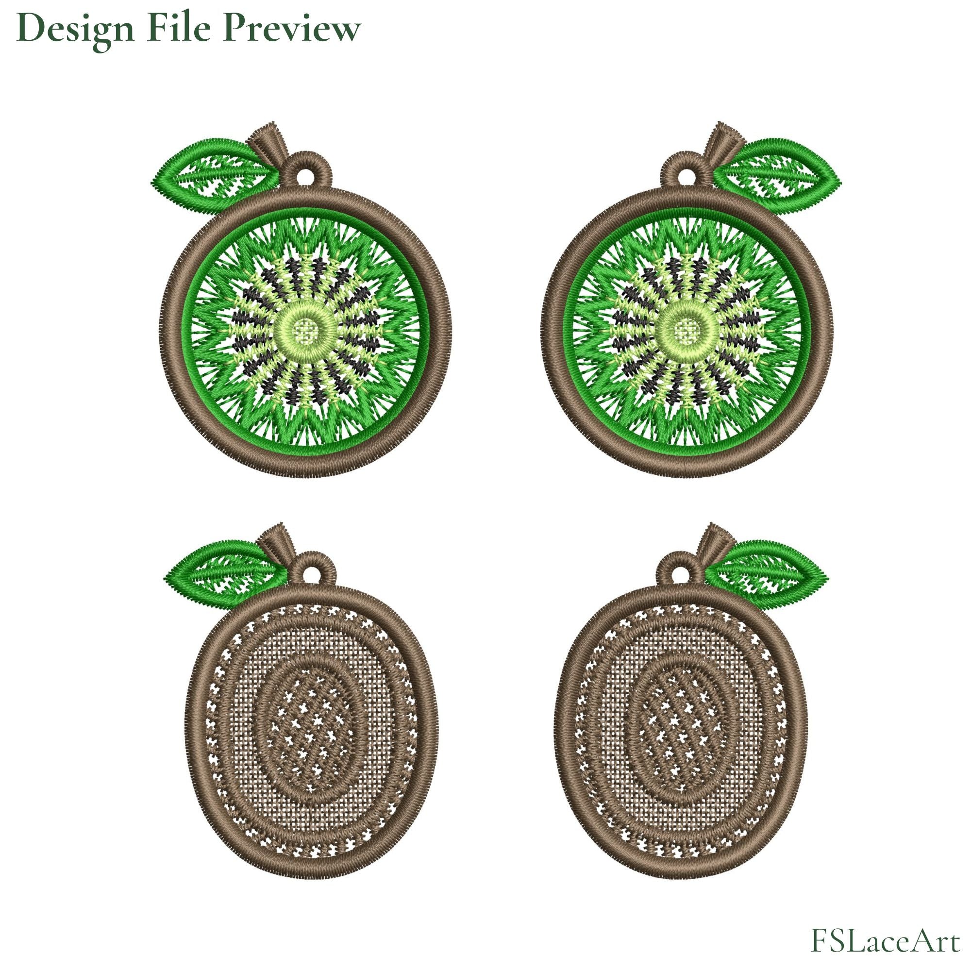 Kiwi FSL embroidery design file preview, two shapes