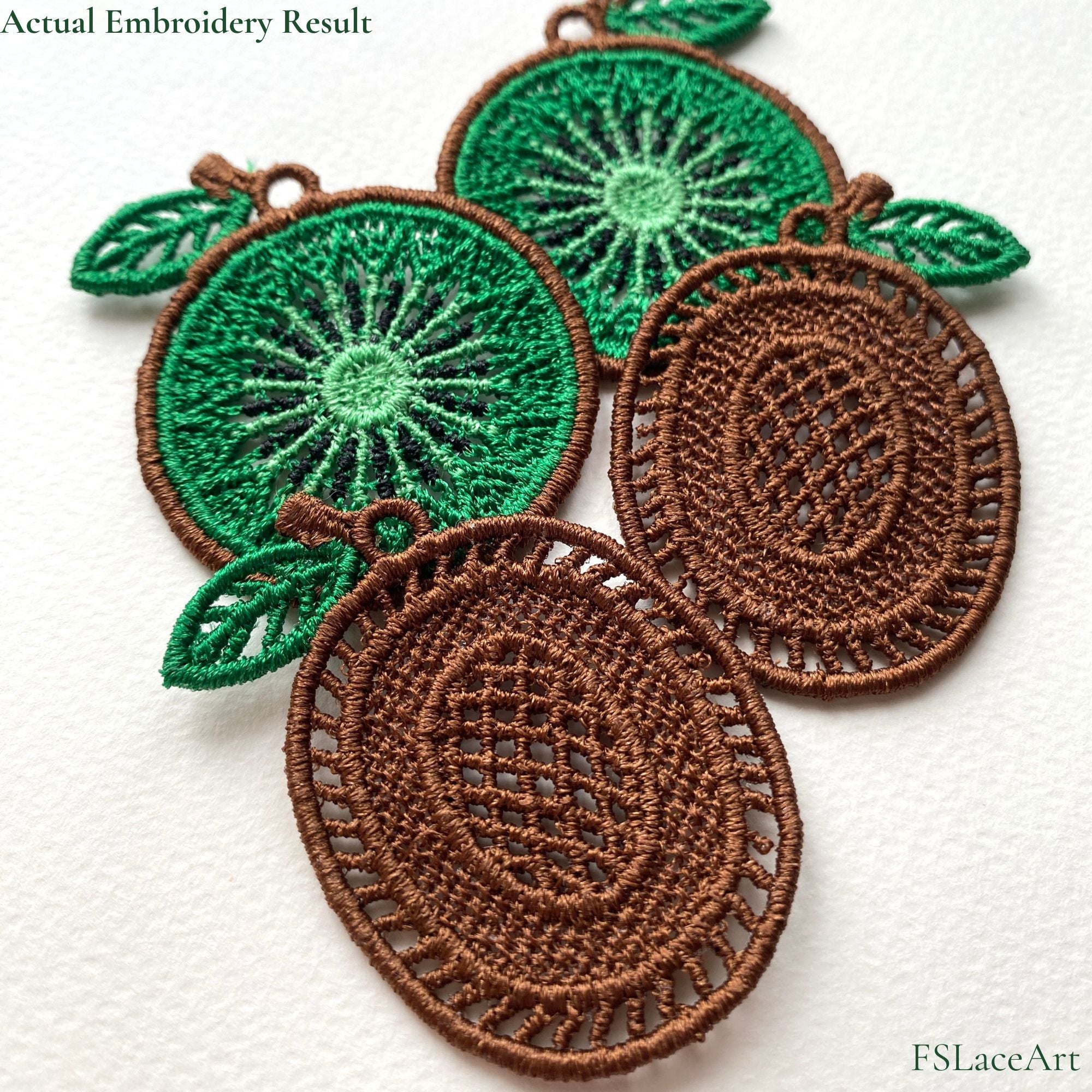 Actual stitched result of Kiwi FSL embroidery design