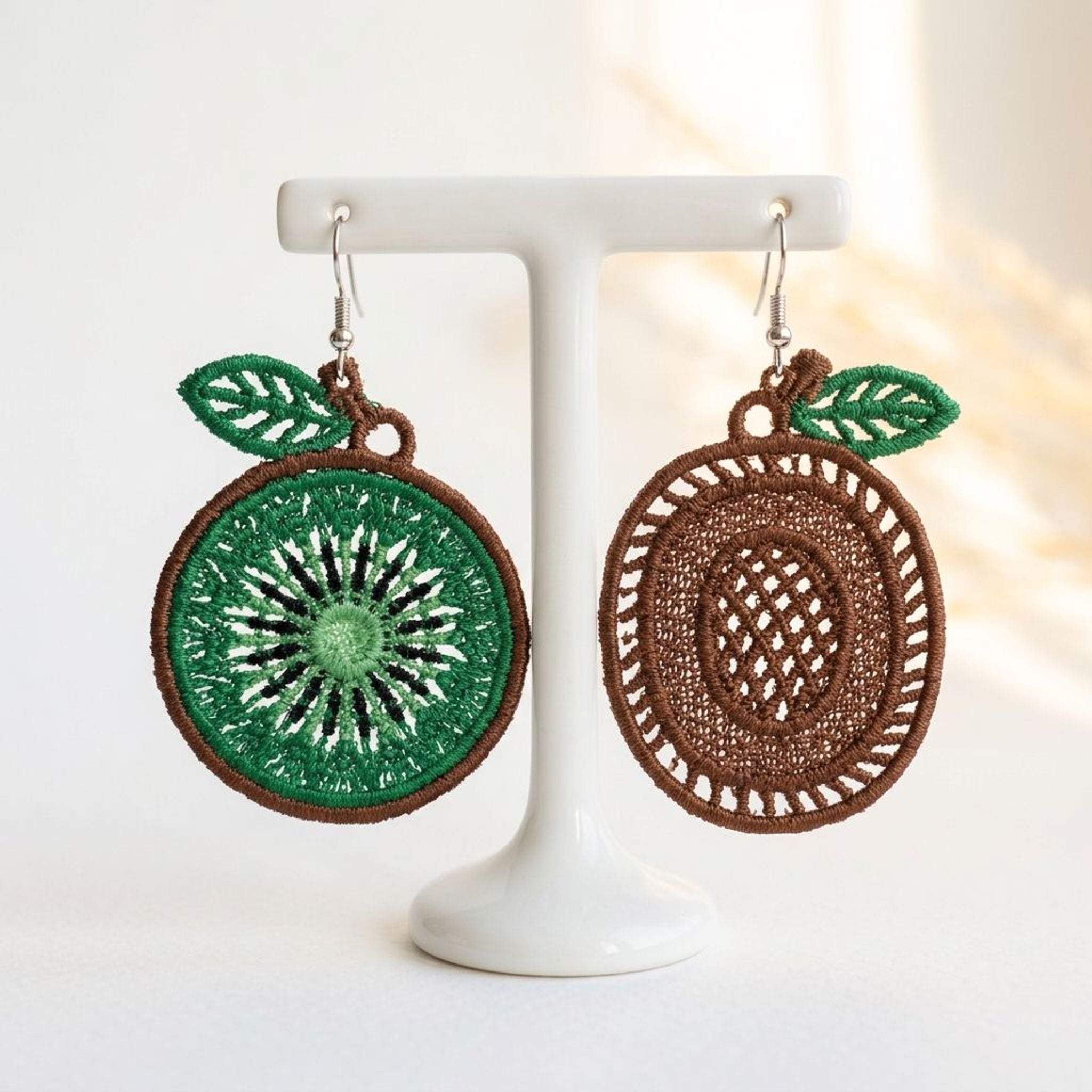 Kiwi FSL earrings — Free Standing Lace machine embroidery design