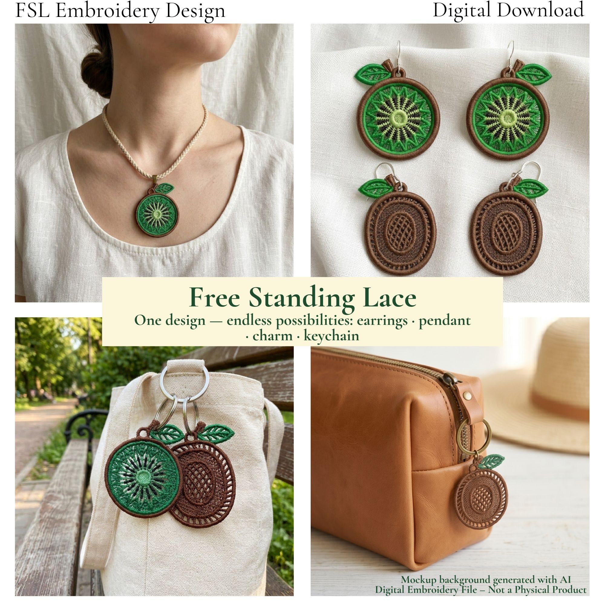 Kiwi FSL design used as earrings, necklace and keychain