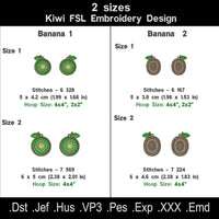 Kiwi FSL embroidery design size and stitch count chart